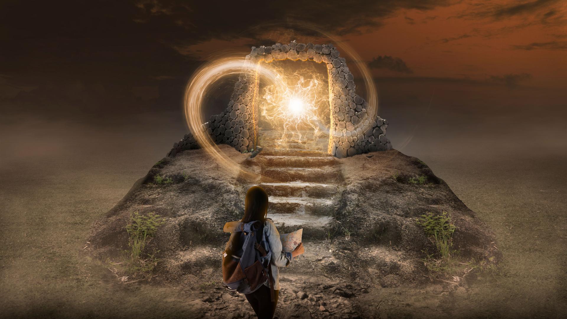 Design concept, young woman traveler look at the maps, find the ancient time portal